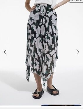 The Kooples White, Black & Dark Green Pleated Asymmetrical Floral Skirt